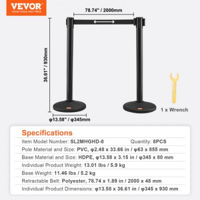 VEVOR Poste Guía 8 Piezas 93cm Barrera de Marcado de Control de Multitudes con 4 Cuerdas Retráctiles 2 m para Cola de Separación de Demarcación en Escuela Pública Teatro Hotel Exposición, Negro