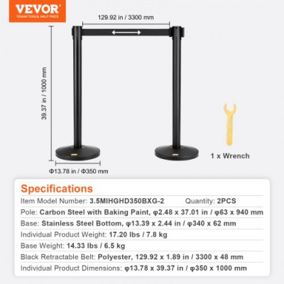 VEVOR Poste Guía 2 Piezas Barrera de Marcado de Control de Multitudes de 100 cm con Cinta Retráctil de 330 cm para Separación de Cola de Demarcación en Escuelas Públicas Teatro Hotel Exposición