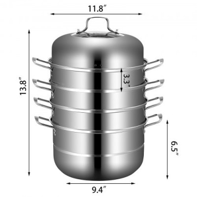 VEVOR Olla de Vapor Diámetro de Cada Nivel de 30 cm, Olla de Vapor de Acero Inoxidable, Tapa Elevada y Prácticos Tiradores, Apta para Todo Tipo de Encimeras, Incluidas Las de Gas, Cerámica, Halógenas