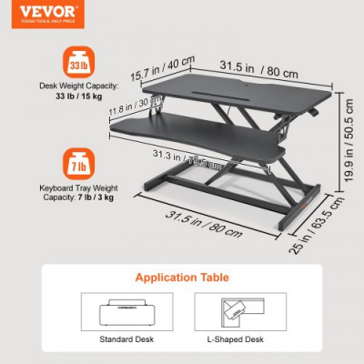 VEVOR Convertidor de Escritorio de Pie de 80x40 cm Mesa Elevable con Altura Ajustable 14-51 cm con Bandeja para Teclado de 79,5x30 cm Capacidad de 20 kg Soporte para Portátil Sentado para PC Monitor