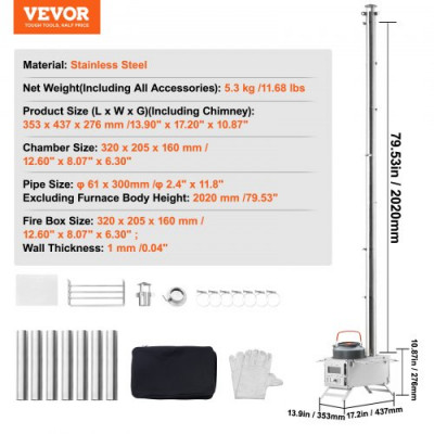 VEVOR Estufa de leña, 80 pulgadas, estufa portátil de acero inoxidable para tienda de campaña con 8 tubos de chimenea y guantes, estufa cálida de 700 pulgadas³ para cocinar y calentar al aire libre