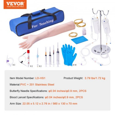 VEVOR Brazo de entrenamiento de infusión de PVC, brazo de entrenamiento de alta simulación con bolsa de transporte, kit completo de brazo de práctica de venopunción para estudiantes y enfermeras