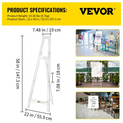 Caballete de Pintura Ajustable 58"x22"x15/22/29/36" Soporte de Caballete 4,7kg Caballete de Exhibición con Material de Acrílico Duradero y Transparente para Bodas, Bailes, Producciones Teatrales