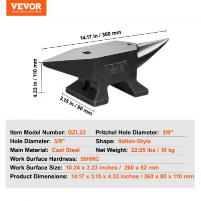 VEVOR Yunque de Herrero 10 kg Yunque de Acero Fundido de Un Solo Cuerno Mesa de Trabajo 260x82 mm Dureza 50HRC con Agujero Redondo de 9,5 mm y Agujero Cuadrado de 16 mm para Taller de Metales Joyería