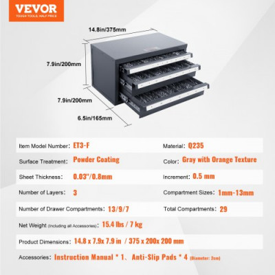 VEVOR Dispensador de Brocas 29 Compartimentos Etiquetados Caja de Almacenamiento de Brocas 1-13 mm con 3 Cajones Estuche de Taladro Vacío 37,5x20x20 cm Apilable Fácil Identificación para Taller Brocas