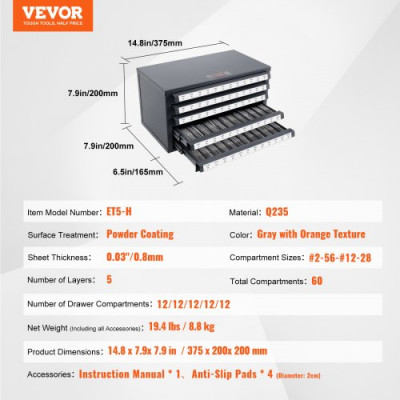 VEVOR Caja de Almacenamiento para Grifería #2-56 a #12-28 Estuche Vacío para Grifería 5 Cajones 60 Compartimentos Etiquetados 37,5x20x20 cm Dispensador Apilable Fácil Identificación Almacenamiento