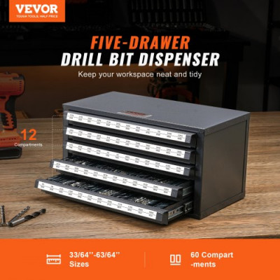 VEVOR Dispensador de Brocas 60 Compartimentos Etiquetados Caja de Almacenamiento de Brocas de 33/64