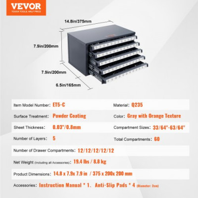 VEVOR Dispensador de Brocas 60 Compartimentos Etiquetados Caja de Almacenamiento de Brocas de 33/64