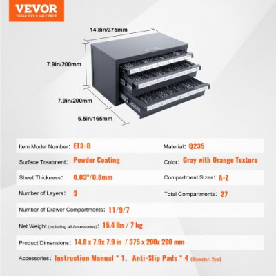 VEVOR Dispensador de Brocas 27 Compartimentos Etiquetados A-Z Caja de Almacenamiento de Brocas con 3 Cajones Caja de Taladro Vacía 37,5x20x20 cm Apilable Fácil Identificación para Taller Brocas