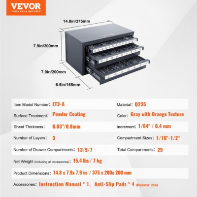 VEVOR Dispensador de Brocas 29 Compartimentos Etiquetados Caja de Almacenamiento de Brocas de 3 Cajones 1/16