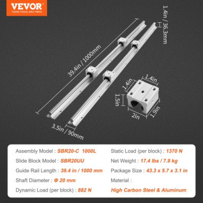 VEVOR 2 uds SBR20 1000mm riel de guía lineal riel deslizante 4 uds SBR20UU bloque de rodamiento