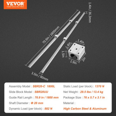 SBR20 Rieles de Guía Lineal 1800mm 2PCS Carril Lineal 1800m 4PCS Bloque de Cojinete SBR20UU Kit de Deslizamiento de Cojinete Lineal para Máquinas Automatizadas CNC Fresadoras Tornos Impresora 3D