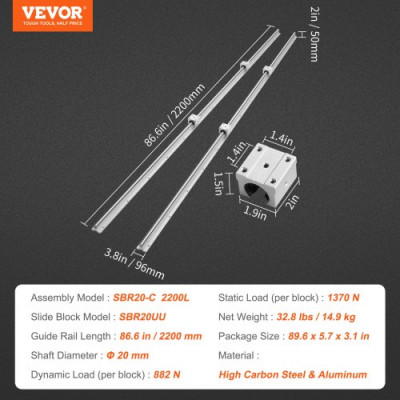 VEVOR 2PCS SBR20 2200mm Carril de guía lineal Carril deslizante 4 PCS SBR20UU Bloque de rodamiento