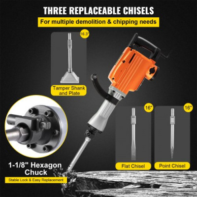 Martillo Demoledor Eléctrico 1800 BPM Martillo de Demolición 2600 W 220 V 65 A Martillo de Demolición para Hormigón con 3 Cinceles Reemplazables Llaves y Mango Ergonómico Giratorio de 360 Grados