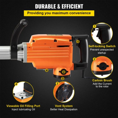 Martillo Demoledor Eléctrico 1800 BPM Martillo de Demolición 2600 W 220 V 65 A Martillo de Demolición para Hormigón con 3 Cinceles Reemplazables Llaves y Mango Ergonómico Giratorio de 360 Grados