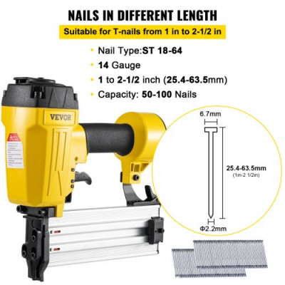 VEVOR Clavadora neumática en T para hormigón, clavadora para marcos, calibre 14, 1 pulgada a 2-1/2 pulgadas