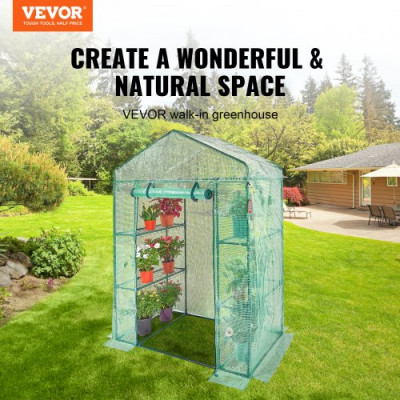 VEVOR Invernadero de Jardín 141x74,5x205 cm Carpa Lona de PE de Alta Resistencia para Plantas con 4 Estantes, Puerta y Ventanas Marco de Acero Montaje Fácil Ideal para Plantar Flores Almacenamiento