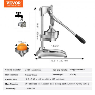 VEVOR Exprimidor de Cítricos Manual Profesional Exprimidor de Limón de Acero Inoxidable con Palanca Larga Prensa de Frutas Manual Parte Desmontable Apto para Lavavajillas para Limas Naranjas Pomelos