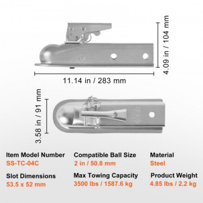 VEVOR Cabezal de Enganche para Remolque para Bola de Enganche Canal de 50,8 mm Carga de 1587,6 kg Acoplador de Lengüeta de Remolque Recto para Autocaravana, Furgoneta, SUV, Superficie Galvanizada