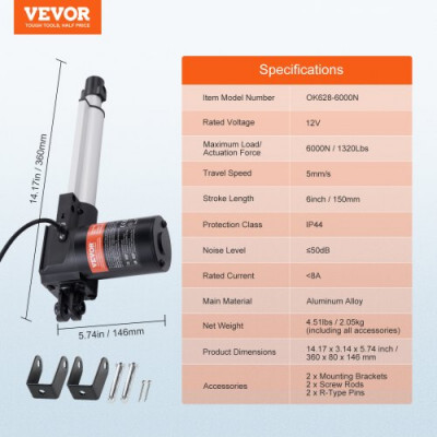 VEVOR Actuador Lineal de 12V, Actuador de Movimiento Lineal de Alta Resistencia 150mm 6000N 5mm/s con Soporte de Montaje y Protección IP44 para Puertas Eléctricas, Maquinaria Industrial, Barcos, Carga