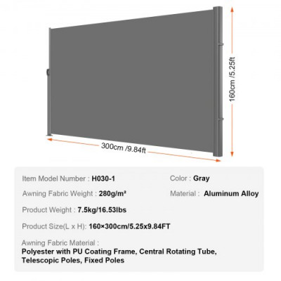Toldo Solar Retráctil, Pantalla de Alta Privacidad 160X300cm, Toldo Lateral de Aluminio Separador Retráctil Terraza, para Patio Jardín Gris