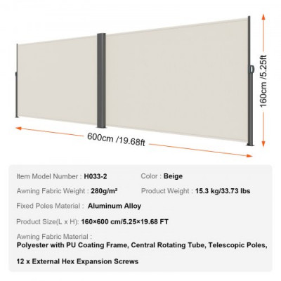 Toldo de Patio Retráctil, Pantalla Solar, Protector Solar a Prueba de Viento 160X600cm para Patio Jardín al Aire Libre