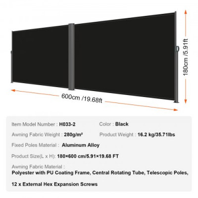 Toldo Solar Retráctil, Pantalla de Alta Privacidad de 180X600cm, Protector Solar a Prueba de Viento para Patio Jardín Negro