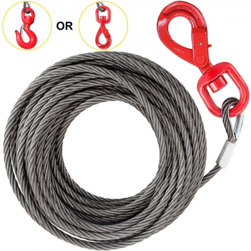 VEVOR Cable del Cabrestante de 4,400 lb (2 T), Longitud de 15 m de Acero al Carbono, Cable de Acero con Gancho Giratorio Autoblocante, con Núcleo de Acero de 10 mm, Cable Acero para Servicios Pesados