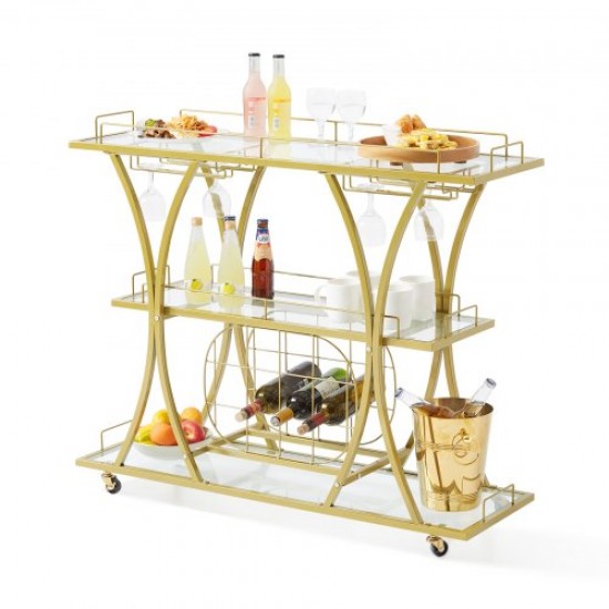 Kaufen Sie Barwagen, 3 Ebenen, 111 x 35 x 93 cm, Servicewagen aus Stahl und gehärtetem Glas, Gesamtlast von 82 kg, Rollstange mit Flaschenhalter und Getränkehalter für Party, Küche, Restaurant, Büro, Gold