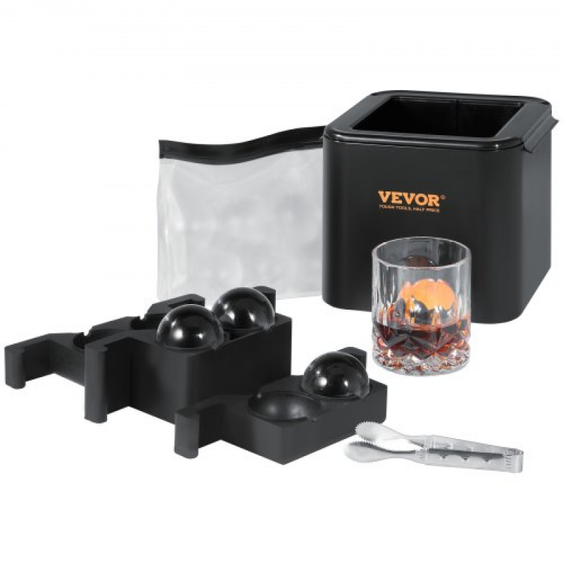 VEVOR Cubiteras para Hielo Redondo 4 Esferas de 6cm Fácil de Sacar Molde de Silicona Alimentaria para Cubitos de Hielo con Bolsa para Congelador y Pinzas para Bebidas Vino Cócteles Whisky Café Fiestas