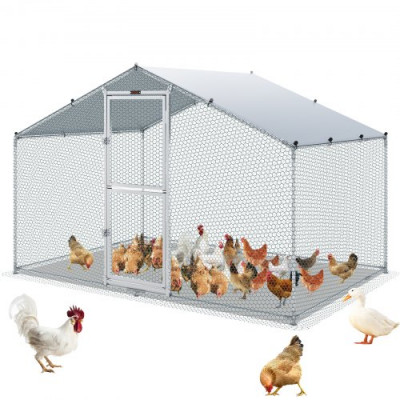 VEVOR Gallinero de Metal para Exterior, 200x300x200 cm, Gran Corral para Pollos, Lona Impermeable, Techo Puntiagudo, Puerta Doble, Malla de Alambre, Parque para Gansos, Patos, Conejos, Mascotas, Plata