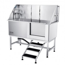 VEVOR Bañera de Acero Inoxidable para Perros 150 x 70 x 150 cm Bañera Peluquería Canina para Mascotas hasta 1574,8 mm Tina de Aseo Capacidad de 200 kg Ducha de Lavado con Grifo Escaleras a Derecha