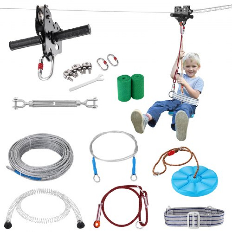 VEVOR Tirolesa para Niños y Adultos Kit Completo de Tirolesa de 36,6m Carga de 227 kg Fácil Configuración con Cinturón de Freno de Resorte y Arnés de Seguridad para Jardín, Patio Trasero al Aire Libre