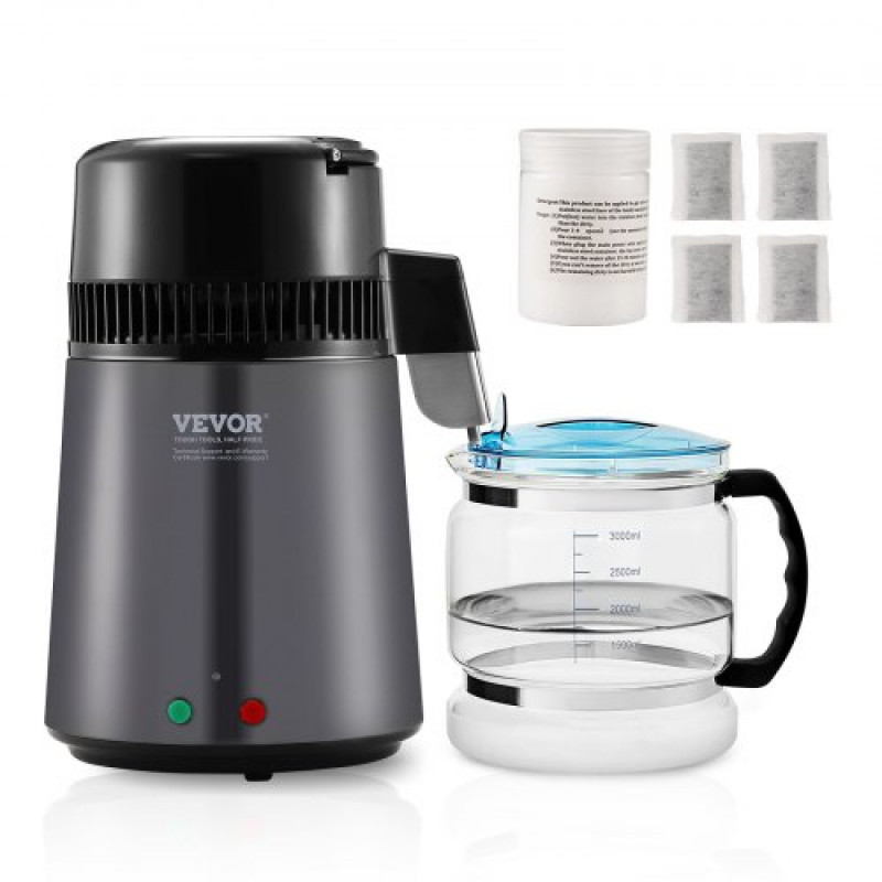 VEVOR Destilador de Agua 4L Máquina de Agua Destilada 1L/h 24 L/día Máquina de Destilación de Agua Interior en Acero Inoxidable de Grado Alimenticio Alta Eficiencia para Purificar Agua del Grifo, Gris