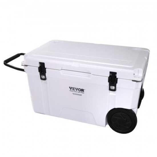 Comprar Refrigerador rígido portátil com rodas Capacidade de 65 quartos para 65 latas Refrigerador de plástico rígido com alça resistente, lancheira com caixa de gelo para camping, praia, piquenique, viagens, 755x460x445 mm