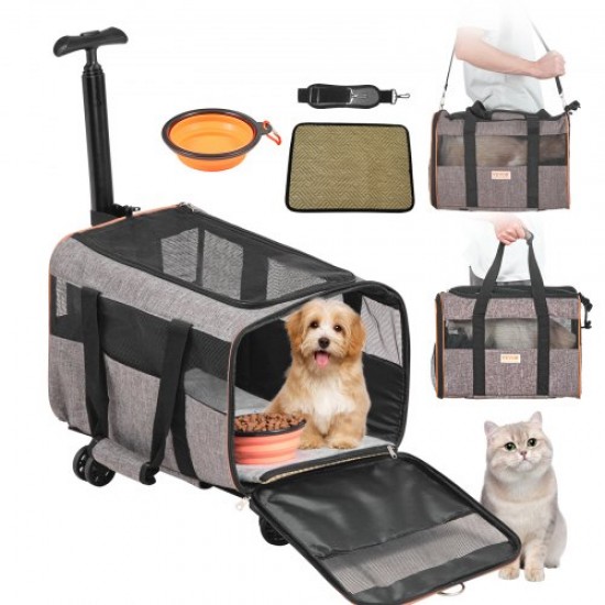 VEVOR Transportín para Mascotas con Ruedas Carga de 9,9 kg Maleta para Gatos 46x30x30 cm Transportador para Mascotas con Asa Telescópica Correa para Hombro Cremallera con Autocierre para Perros, Gris