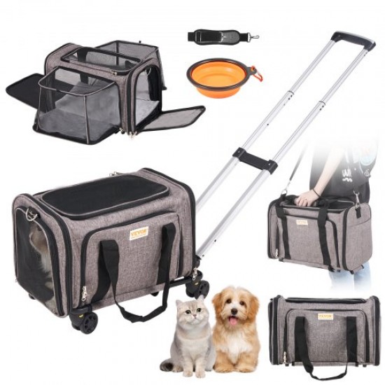 VEVOR Transportín para Mascotas con Ruedas Carga de 11,3 kg Maleta para Gatos 46x28x28 cm Transportador para Mascotas con Asa Telescópica Correa para Hombro Cremallera con Autocierre para Perros, Gris