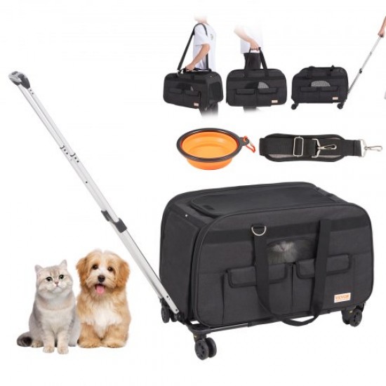 VEVOR Transportín para Mascotas con Ruedas Carga de 15,8kg Maleta para Gatos 65x36x36 cm Transportador para Mascotas con Asa Telescópica Correa para Hombro Cremallera con Autocierre para Perros, Negro