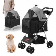VEVOR Cochecito para Perros 4 Ruedas Giratorias 1 Freno Cochecito para Mascotas Carga de 16 kg Transportín de Perros Soporte Extraíble Cesta de Almacenamiento Portavasos para Perros, Negro Gris Oscuro