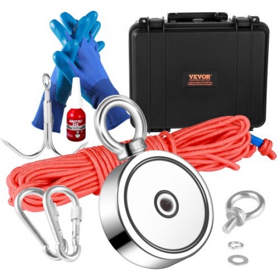 Comprar Ímã de pesca dupla face super forte Capacidade 272x2 kg Kit de pesca com ímã de neodímio com gancho de corda Par de luvas e estojo para pesca magnética e caça ao tesouro subaquático