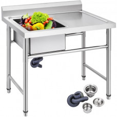 VEVOR Fregadero Comercial de Acero Inoxidable para Fregadero de Cocina, 1 Compartimientos de Tamaño Total 100 x 61 x 95 cm Plata, Hecho a Mano Con Plataforma Derecha para Fregadero de Barra Inferior