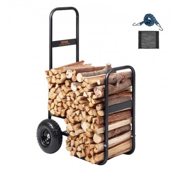 Comprar Carrinho de transporte de toras de lenha Carga 113,4kg Carrinho de toras de aço 67x52x110cm Armazenamento de toras com rodas de borracha infláveis Suporte de toras externo para lareira, preto