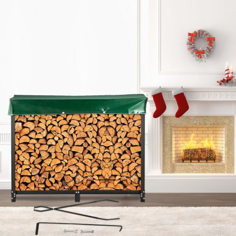 VEVOR Estante de Leña con Cubierta 244,5 x 36,2 x 122 cm Estante para Leña Exterior Capacidad de Carga 590 kg Estante de Leña de Acero Estante para Leña con Pies Estante de Registro de Chimenea Negro