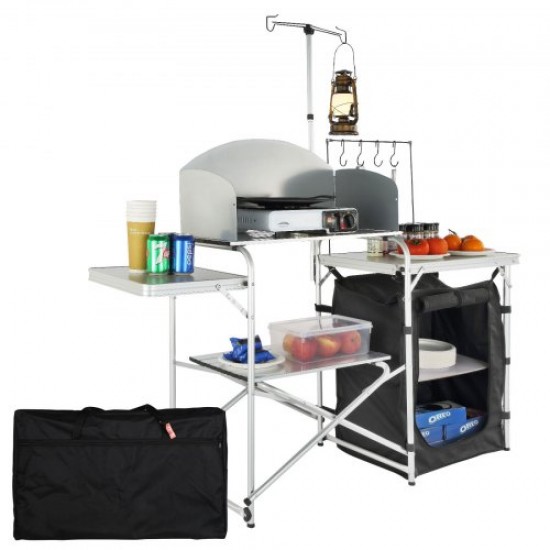 Buy Camping Kitchen Table, Outdoor Folding Table with Carry Bag, Aluminum Cooking Station, 1 Cabinet and Detachable Windshield