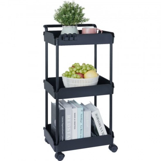 Comprar Carro con Ruedas de 3 Niveles Carro de Almacenamiento Multifuncional 370x355x761 mm Ruedas Bloqueables con Asa Carro Móvil Cestas de PP para Lavandería, Oficina, Sala de Estar, Cocina, Negro