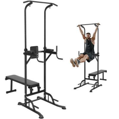 VEVOR Silla Romana con Banco Barra de Dominadas de Pie Ajustable en Altura de 10 Niveles 200 Kg Equipo de Entrenamiento de Fuerza Multifunción con Coderas en el Respaldo, Estación de Inmersión Fitness