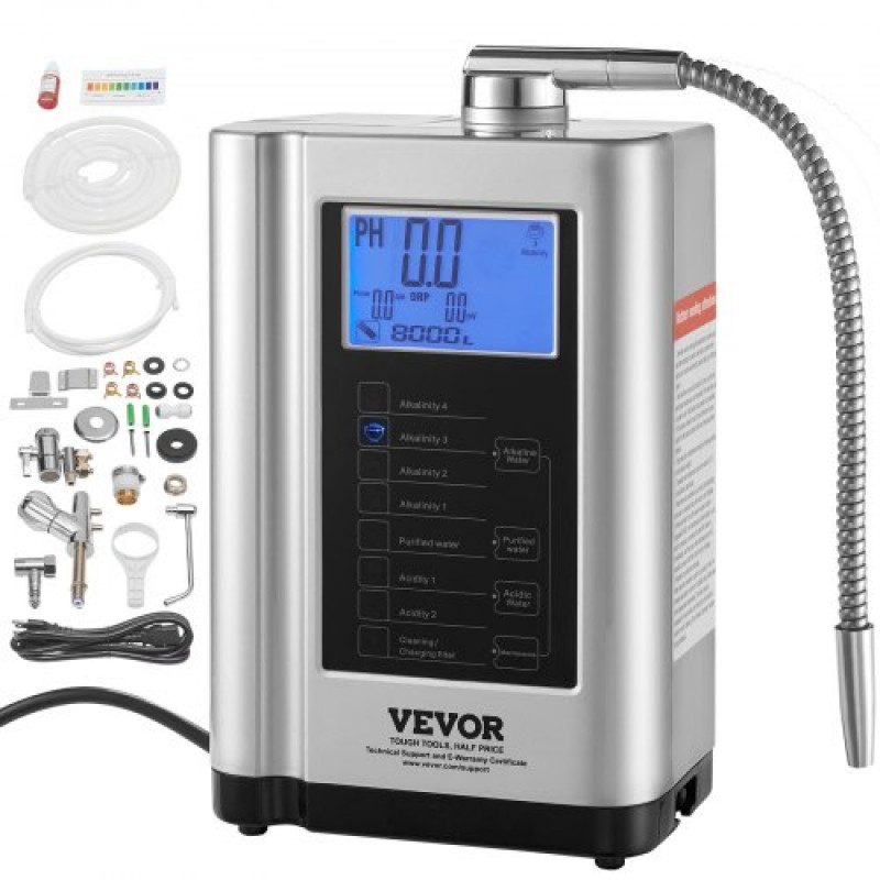 VEVOR Ionizador de Agua PH 3.5-10.5 Purificador de Agua de Ácido Alcalino ORP +500 a -650 mV Electrodo Electrolizador 5 Placas 7 Configuraciones de Agua 8000 L Sistema de Filtración Autolimpiante