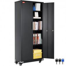VEVOR Gabinete de metal con ruedas, gabinete con cerradura de 75 pulgadas con 4 estantes ajustables y 2 puertas magnéticas, capacidad de 200 libras por estante, gabinete de metal con 3 llaves, negro
