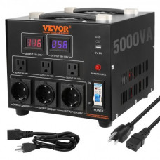 VEVOR Transformador Convertidor de Voltaje Sube/Baja 220-110V/110-220V Transformador de Potencia 5000W CE con 3 Enchufes NEMA 5-15R EE.UU. 3 Pines 3 Enchufes Shucko UE 1 Puerto USB 5V 1 Toma Tipo-C