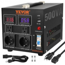 VEVOR Transformador Convertidor de Voltaje Sube/Baja 220-110V/110-220V Convertidor 500 W CE con 2 Enchufes NEMA 5-15R de 3 Pines EE.UU., 2 Enchufes Shucko Europeos, 1 Conector USB, 1 Conector Tipo-C